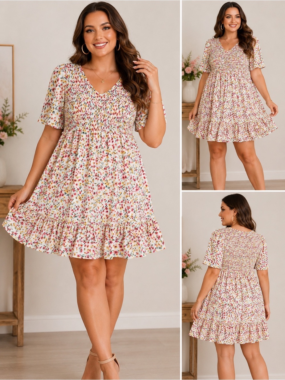 Floral V-Neck Tiered Mini Dress in Cream